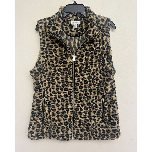 Calvin Klein Leopard Print Fleece Sherpa Teddy Vest Womens M Full Zip Soft - Picture 1 of 9